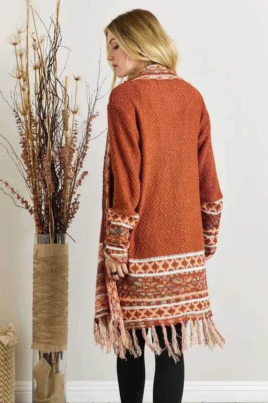 ADORA Full Size Fringe Hem Aztec Border Cardigan Plus Size - Love Salve